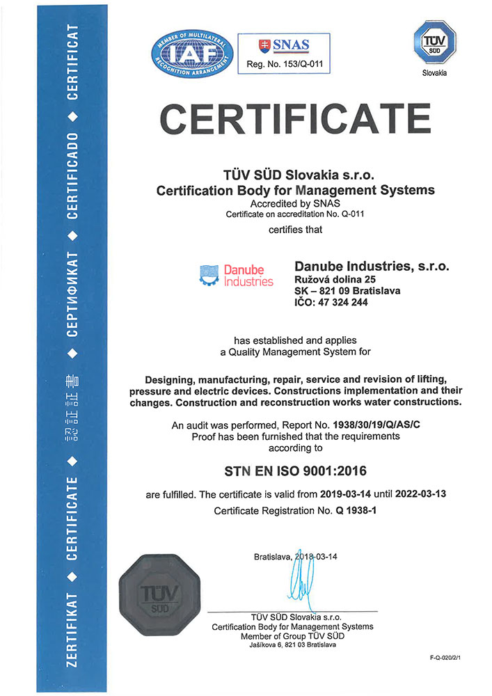Certificate Danube Industries